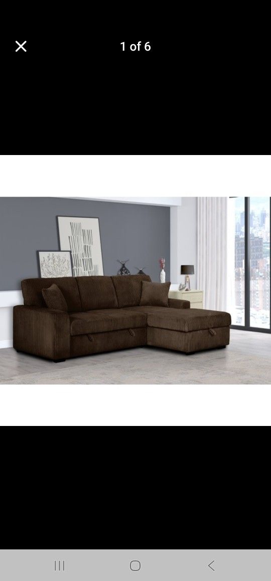 Brand New CHOCOLATE Fabric RHF Pull Out Sectional Sofa & Storage