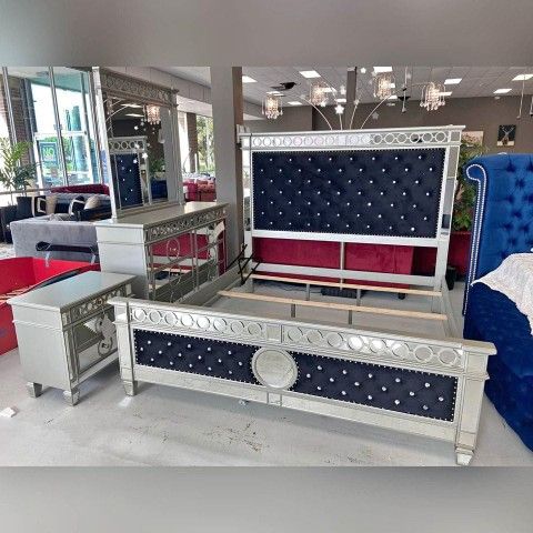 Varian Dark Navy Blue Velvet & Mirrored Eastern King Bed$10 Down Payment And Financing Available