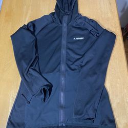 Adidas Womens Black Terrex Tech Fleece Hooded Hiking Jacket Size M 17.5pit2pit