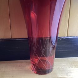 Vintage Ruby Red Etched 9” Vase 
