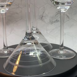 Set of (4) Beautiful Elegant Martini Glasses with circular etched rings around bowl. 