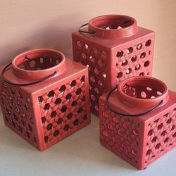 Set of 3 Ceramic Cutout Lanterns with Metal Handles – Vibrant Red