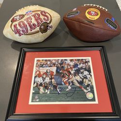 49ers Roger Craig Autographed Framed Photo W/ Two 49ers Collectors Footballs.