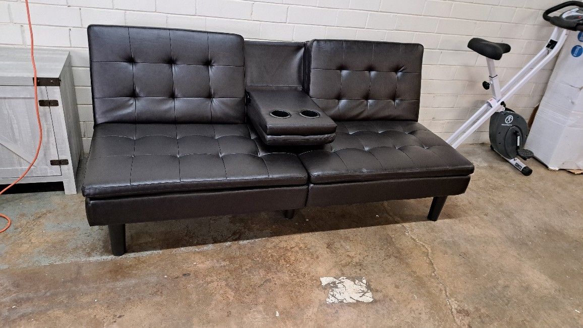  New Futon Sofa With Cup Holders Faux Leather Brown Dimensions Pictures