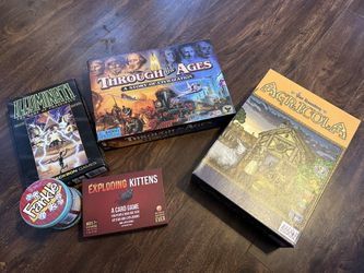 Board games - Illuminati, Agricola, Through The Ages, Exploding Kittens, Farkle Dice game