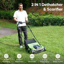 15-inch 2-in-1 Electric Dethatcher and Scarifier with 5-Position Depth Adjustment,12L Collection Bag,Tool-Free Blade Change