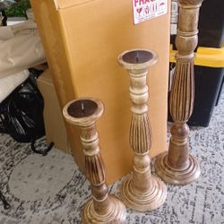 Set Of 3 Candle Holder Wood Natural