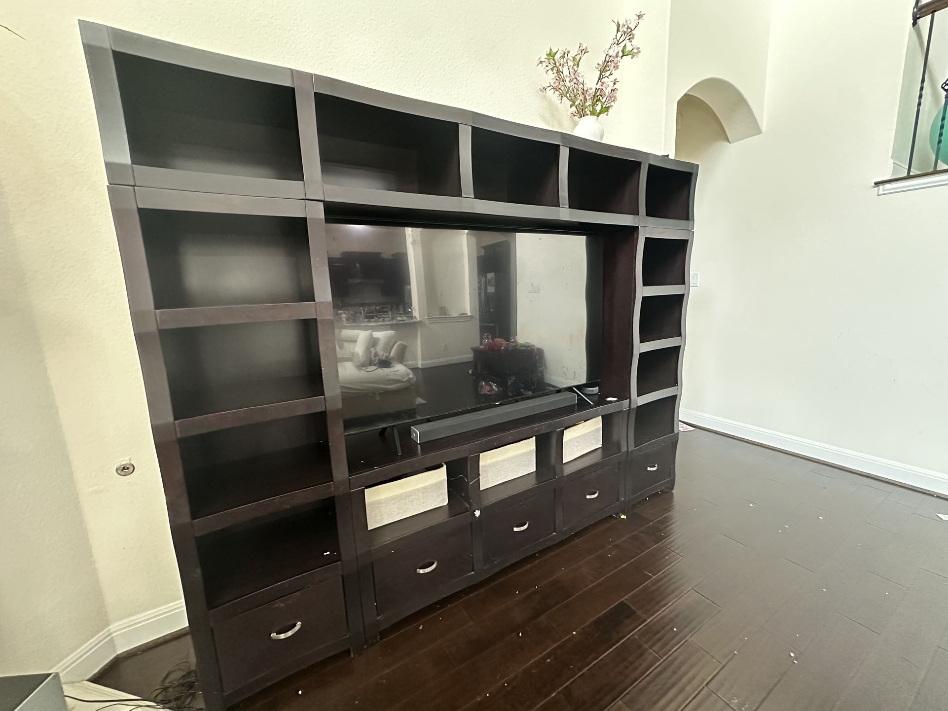 Dark Wood TV Stand / Media Console with Drawers and Shelves