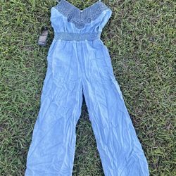 Bebe Denim Jumpsuit with Lace Trim – Size M – New with Tag