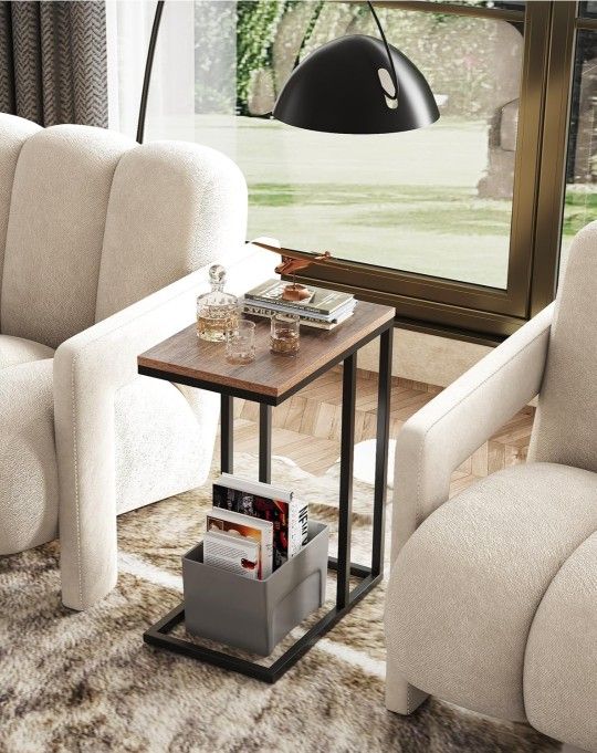 Side Table, C Shaped End Table for Couch, Sofa and Bed, Large Desktop C Table for Living Room, Bedroom, Brown