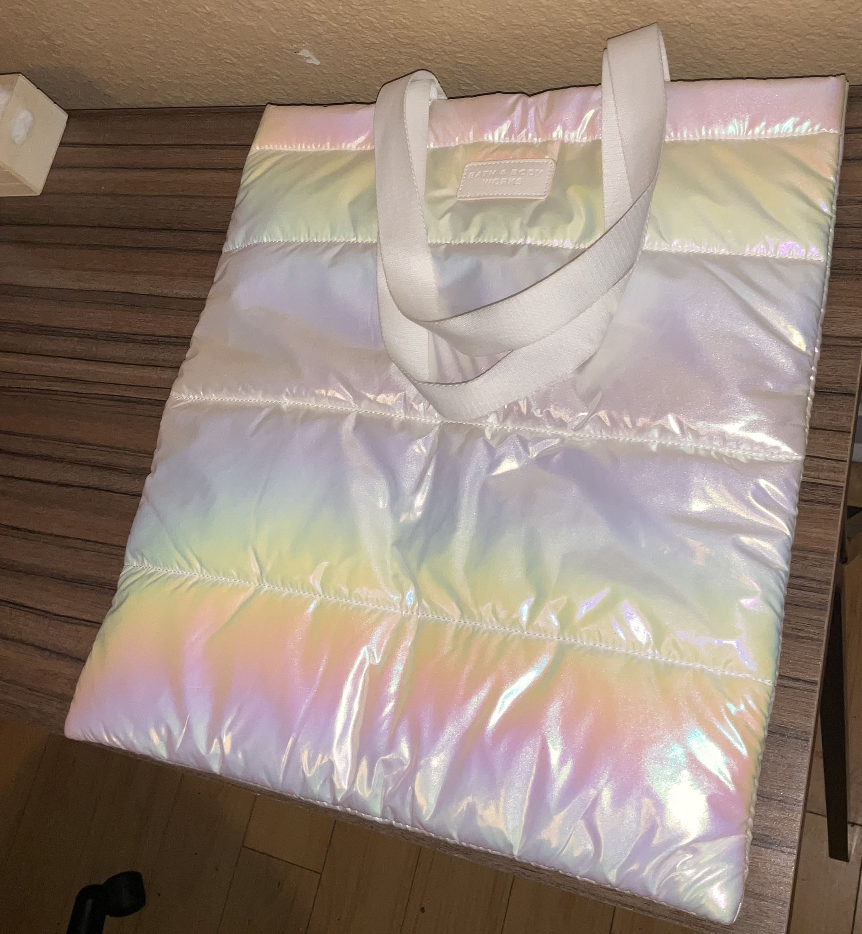bath & body works iridescent puffer tote bag