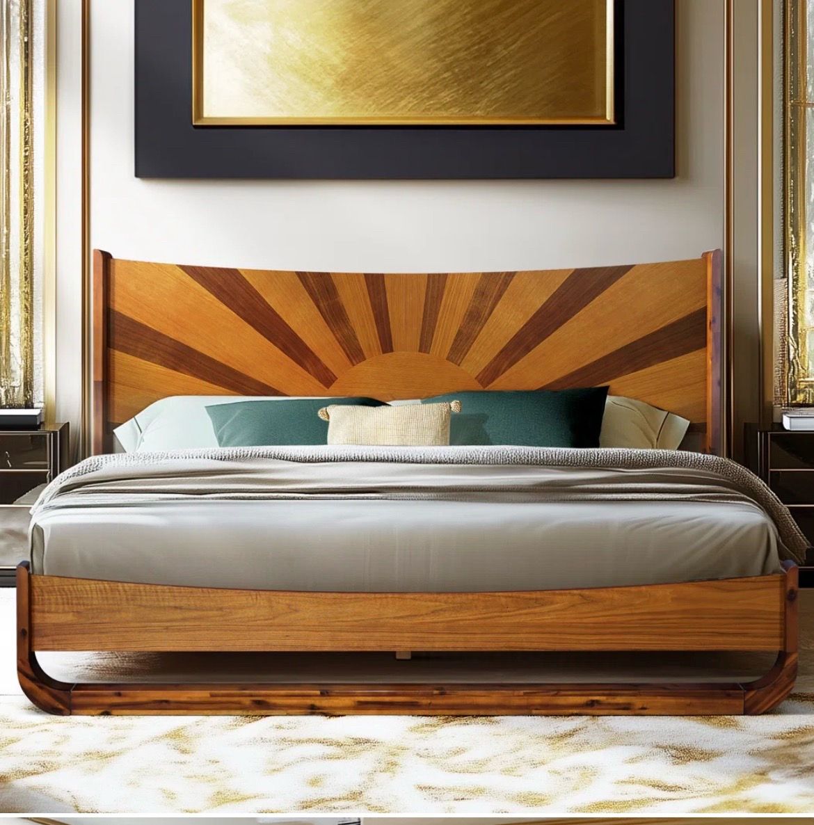 Sunset solid wood king size bed frame, mid-century modern design - brand new