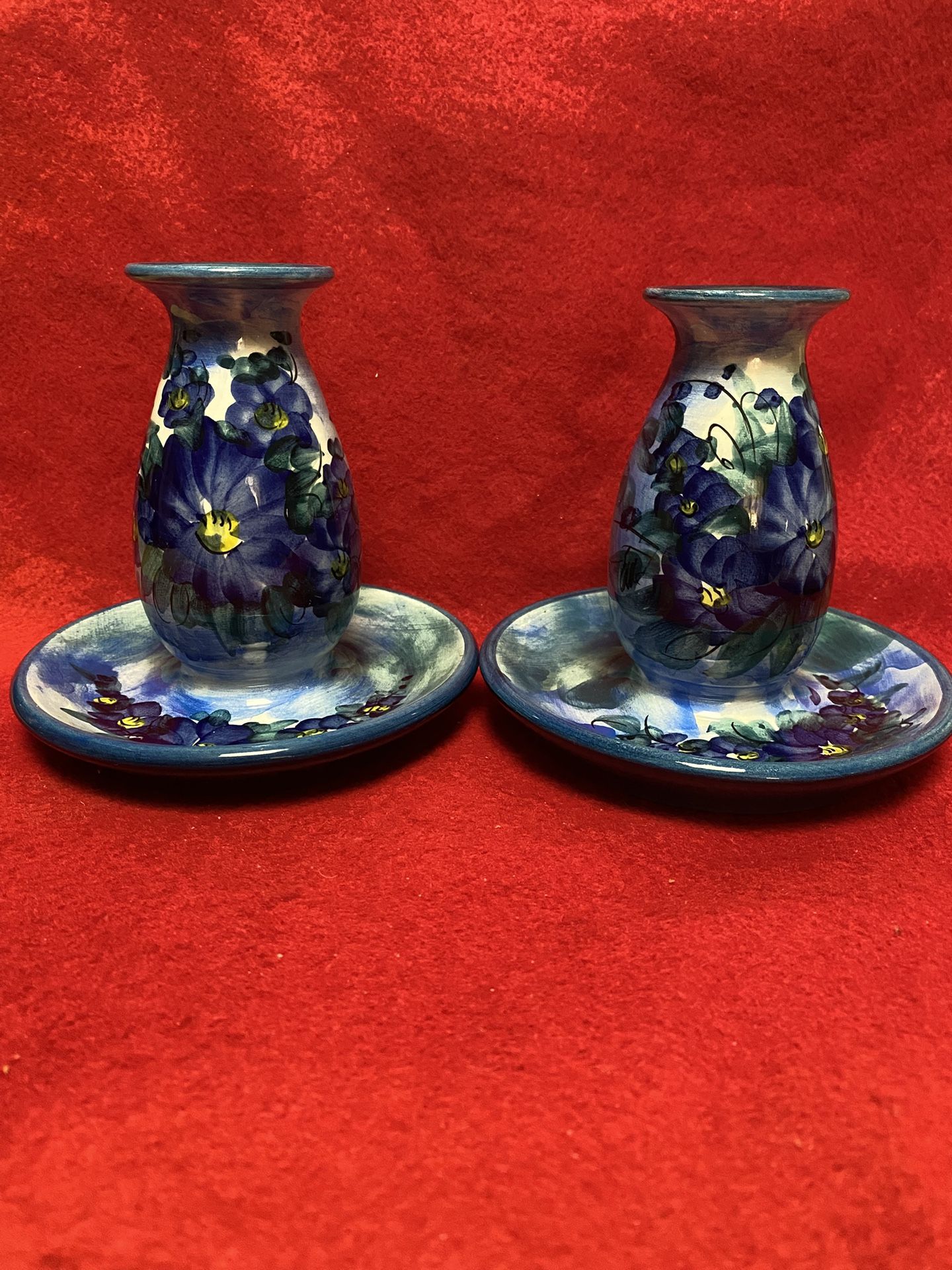 Set of 2 4.5 Inch Handmade Hand Painted Blue Ceramic Greek Floral Design Candle Holders Imported From Greece