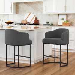 LUE BONA 27" H Counter Height Bar Stools Set of 3, Modern Counter Stools with Curved Backrest and Arms, Black Metal Frames, Linen Fabric Upholstered B