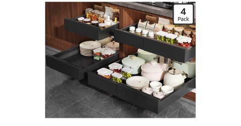 Pull Out Cabinet Organizer,4-Side Expandable to Maximize Cabinet Space,Slide Out Drawers with 3 Rail Design,Roll Out Shelf with Raising Pad for Framed