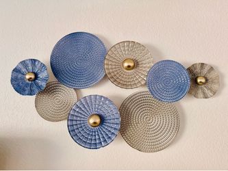 Metal Wall Art, Blue + Silver + Gold Textured Discs