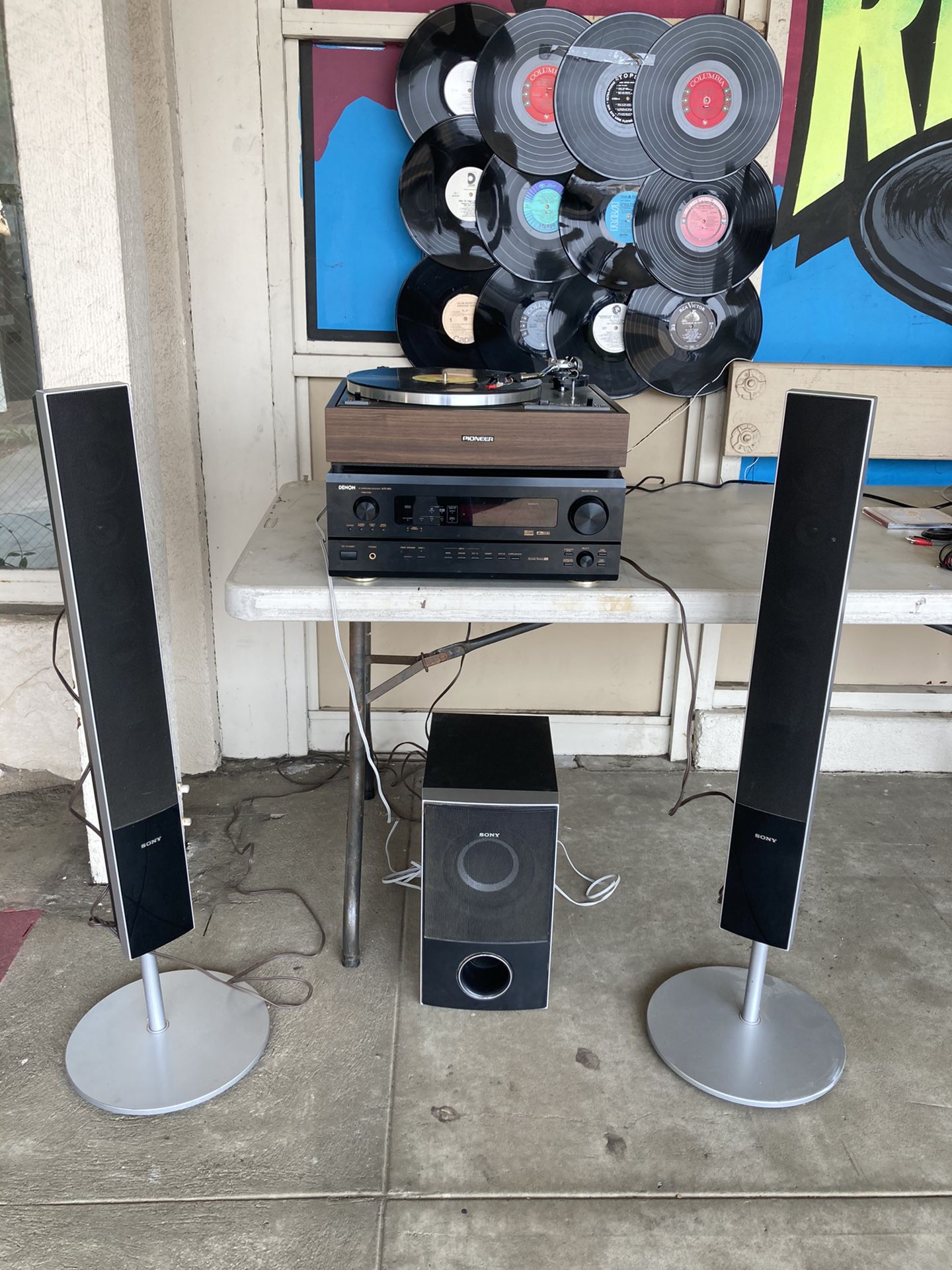 Record player, receiver, speakers and base speaker