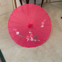 Vintage 1990s Chinese Oriental Hot Pink Wooden Umbrella Handmade. USED!! Everything Works!!