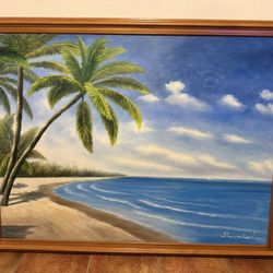 Huge & Tranquil Original Hand-Painted Wall Artwork With Ocean n Palm Trees