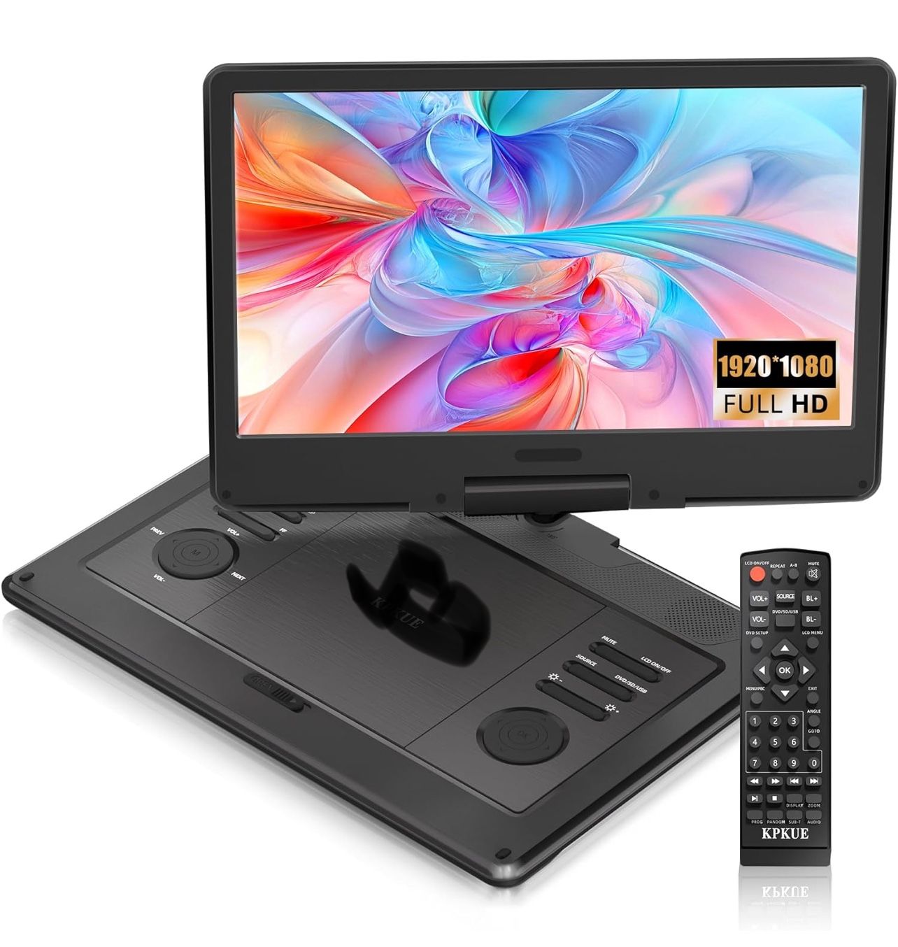 15.6" FHD Portable DVD Player with 13.3" Swivel Screen, 1920 * 1080P Car Player for Kids, 4 Hours Rechargeable Battery Support USB/SD Card, Multiple D