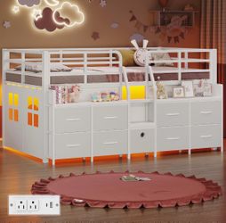 Low Loft Bed Twin Size with 9 Storage Drawers for Kids,Bookcases & Stair, LED Lights, Charging Station, Under-Bed Play Space, 14.96" H Safety Guardrai