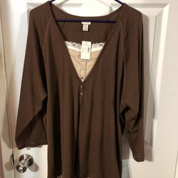 Women’s Size 22 / 24 Lightweight Thermal Brown Tunic Length Top With Lace Inlet.  Brand New With Tags Never Worn.  Brand Lane Bryant 