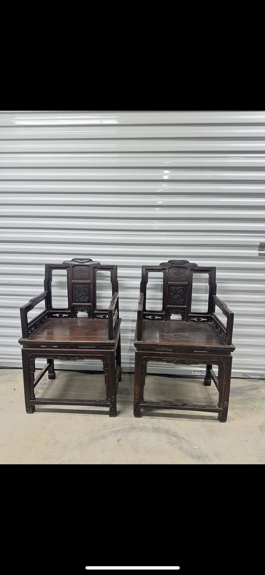 Pair Of Decorative Chinese Ornate Antique Wood Chairs