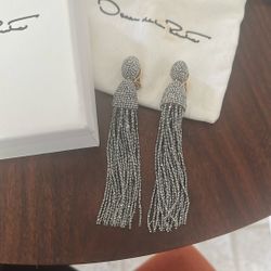Oscar Del La Renta  Beaded Long Classic Clip On Silver Earrings