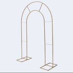 8ft Tall Gold Metal Round Top Double Arch Wedding Arbor Ceremony Stand, Flower Balloon Frame Backdrop Stand