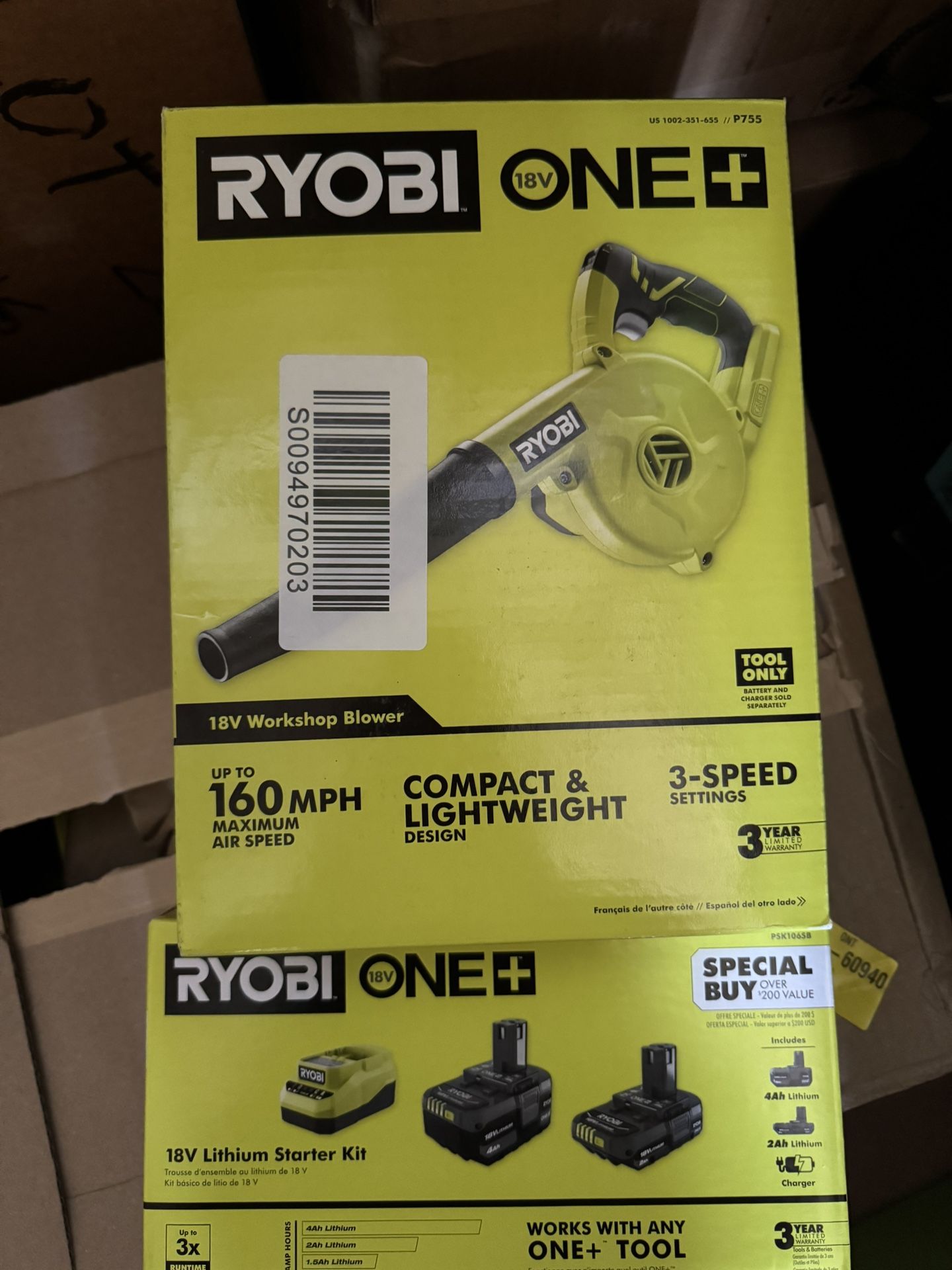 RYOBI 18V Cordless Compact Workshop Blower + 2.0 Ah and 4.0 Ah Batteries + Charger
