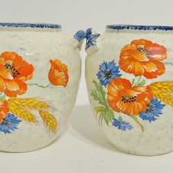 Vintage 2 Pieces Of Villeroy and Boch, Farmhouse, Rare, Hand painted, Pot, Flower Holder, Succulent, Poppy Flowers, Straw, Blue and Green, Rare