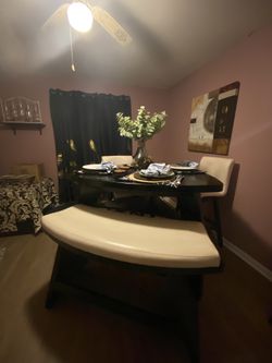Elegant Kitchen Table Set ,  Black Leather Long Tan Chairs 