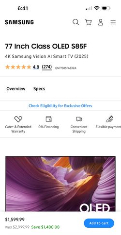Samsung 77” OLED 4K vision AI smart TV
