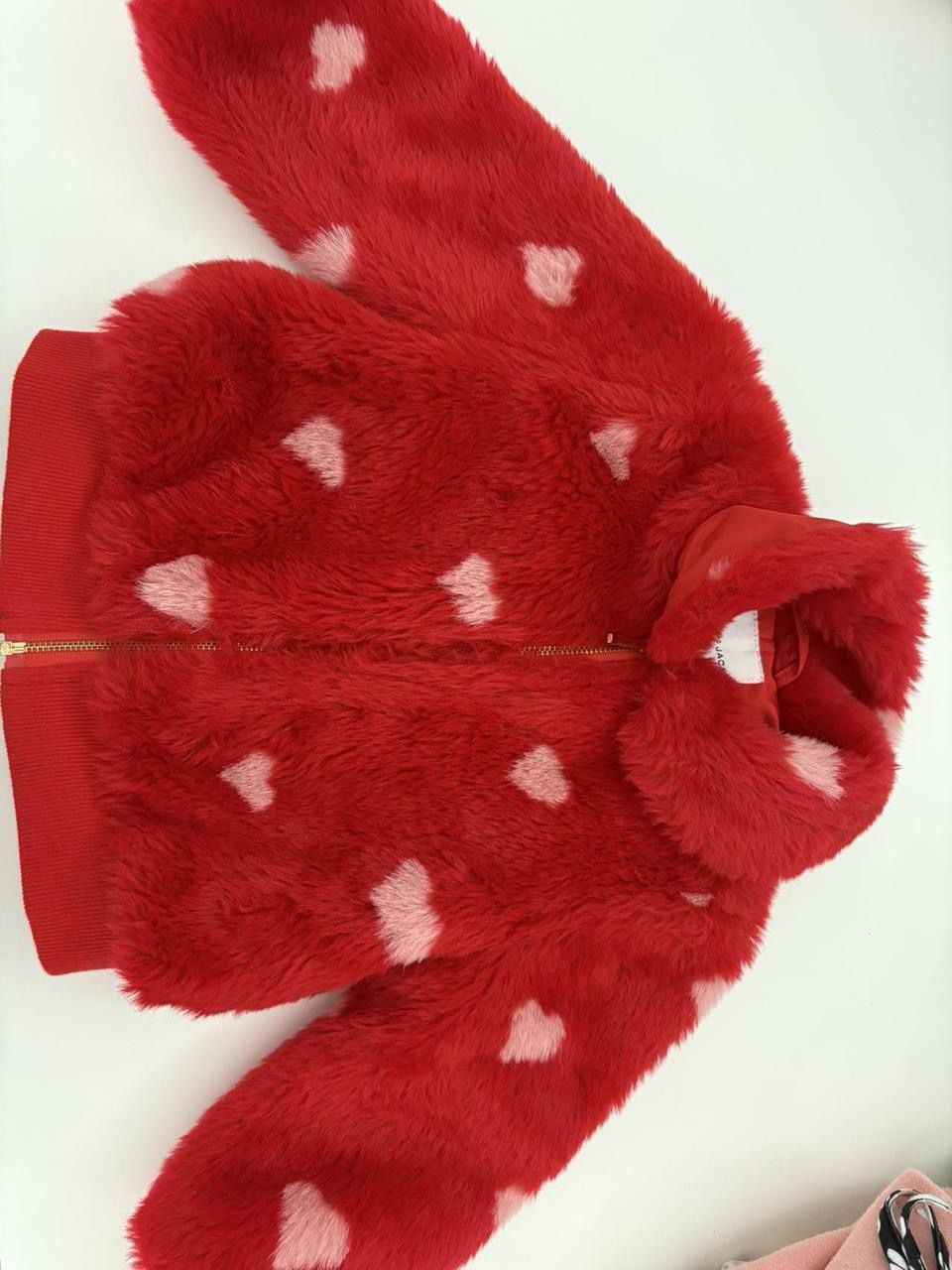 Janie and Jack- Red faux fur hooded jacket with pink hearts