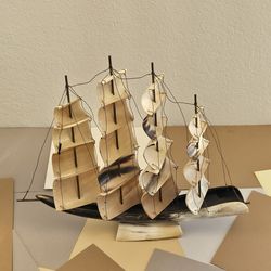 Antique Hand Carved Ivory Sailing Ship Sculpture Nautical Art Decor