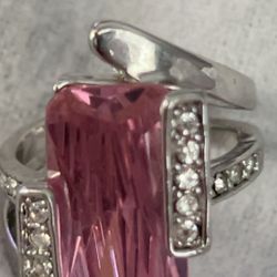 Silver Large Pink Topaz And Cz  Stones 