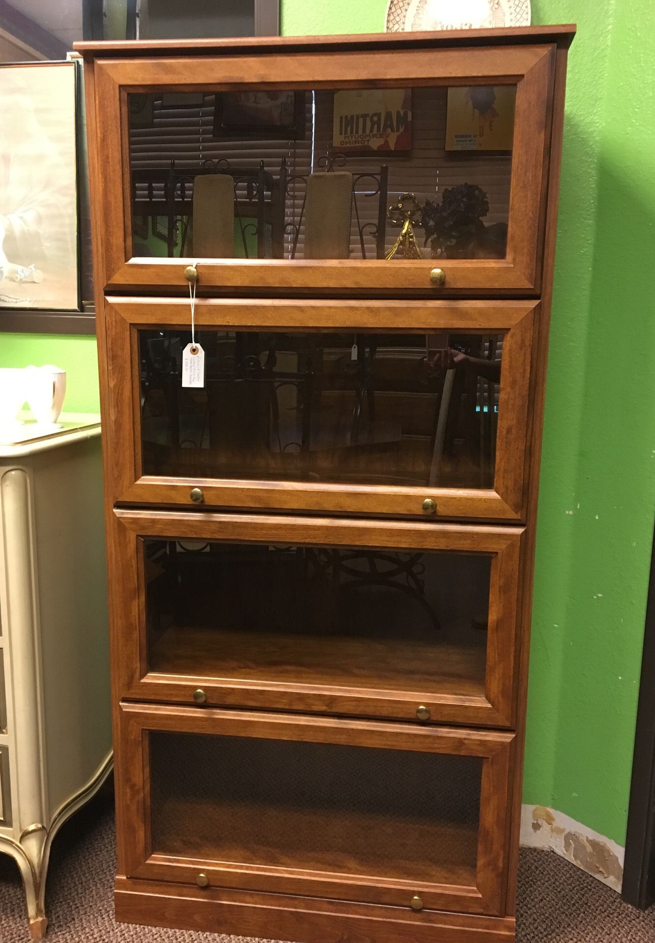 Antique 4 section leaded glass oak wood lawyer bookcase_Librera antigua de madera de roble de 4 secciones