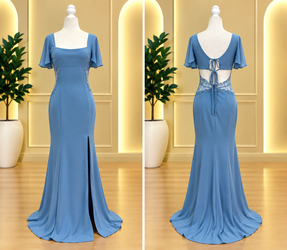 Dusty Blue Lace-Waist Open-Back Maxi Dress