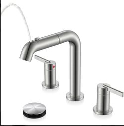 Widespread Bathroom Faucet with Sprayer, Brushed Nickel Bathroom Sink Faucet with Pull Down Sprayer, 8 Inch 3 Hole Pull Out Bathroom Faucet with Pop U