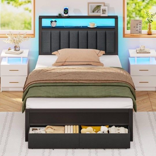 Twin Bed Frames with Charging Station and LED Lights, Grey Upholstered Headboard with Shelves