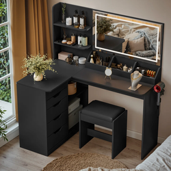 Corner Vanity Desk with Lights, Mirror,  Stool, Drawers & Power Station