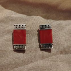 Vintage Art Deco Sterling Silver and Red Coral Clip On Earrings
