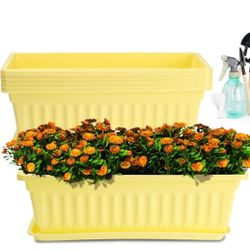 HOXHA 6 Pack Window Box Planter, 17 Inches Vegetable Flower Plastic Planter Boxes with Tray, Rectangular Planter Indoor and Outdoor Flower Pots for Wi