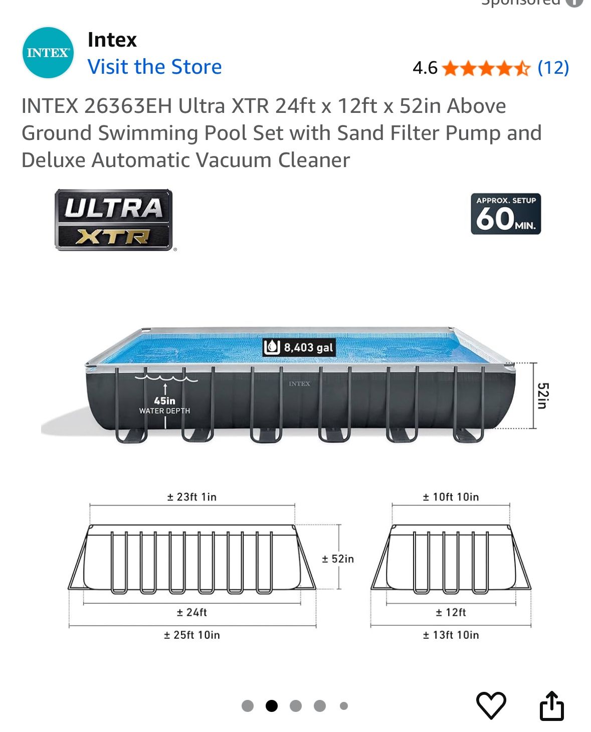 Intex above Ground Pool - 24 X 12 X 52 Inch Deep - Four Years Old But Only Used During Summer!!