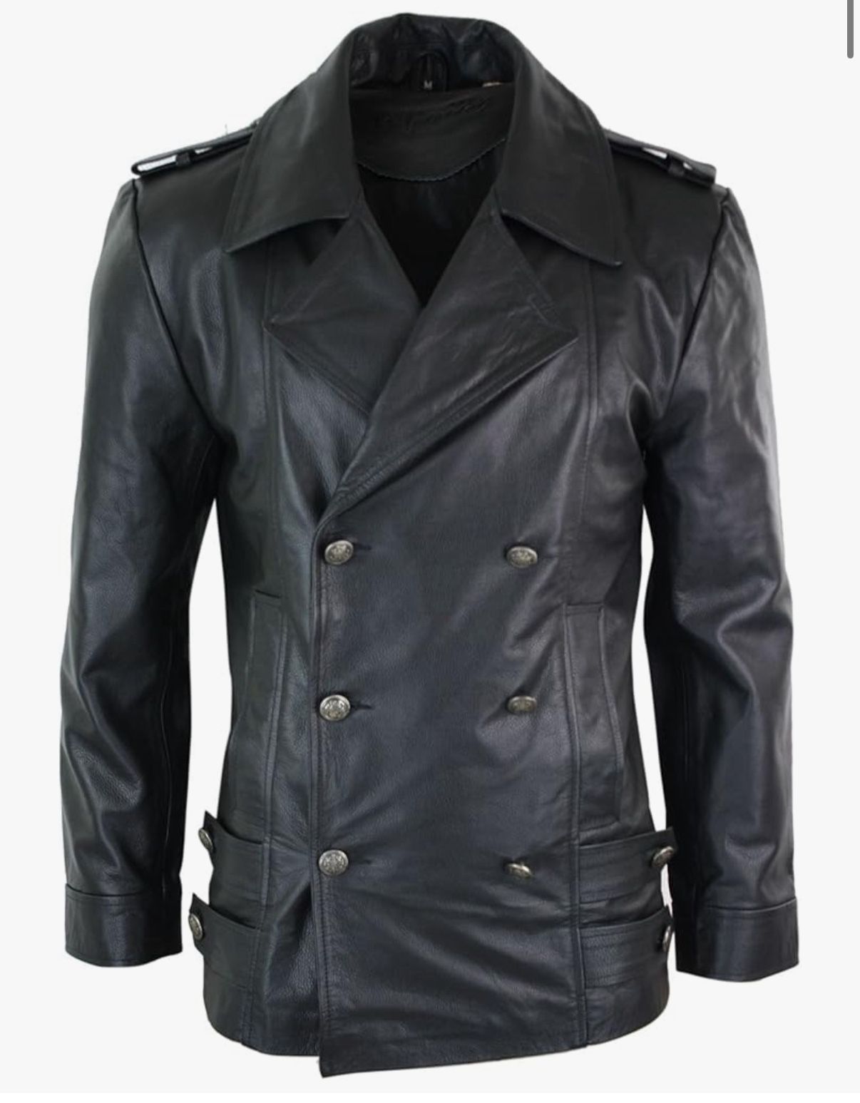 Mens Mid Length German Sailors Marine Goth Punk Double Breasted Real Leather Jacket
