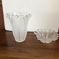Mikasa  Clear & Frosted Crystal SET Flower Vase "Sunflower Frost" 9" Tall AND Round Bowl Or Candle Holder 6”