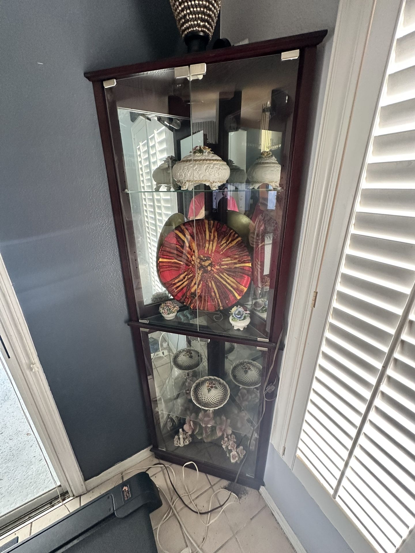 Corner Curio Cabinet – Dark Wood with Glass Doors & Light