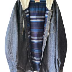 WRANGLER Authentics Denim Blue Stripe Lined Hooded Jacket Flannel Mens Size XL