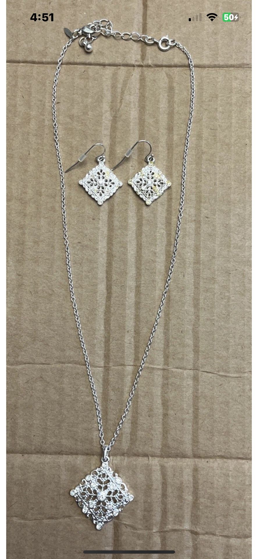 Silver toned necklace and earrings set