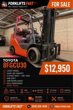 HEAVY TOYOTA 8FGCU30 forklift 6600 lb,3 stage, side shift for sale LOW HOURS